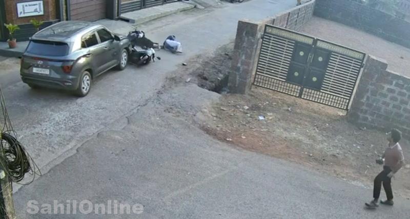 Speeding car hits scooter on Goodluck Road in Bhatkal; couple and child injured, CCTV footage goes viral