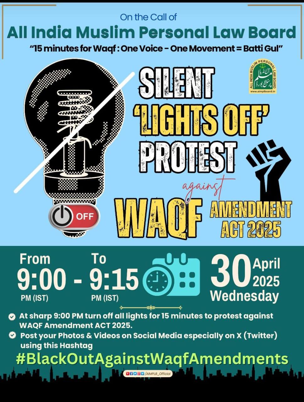 Following mourning period, 'Save Waqf' campaign resumes with 'Lights Off' protest tonight